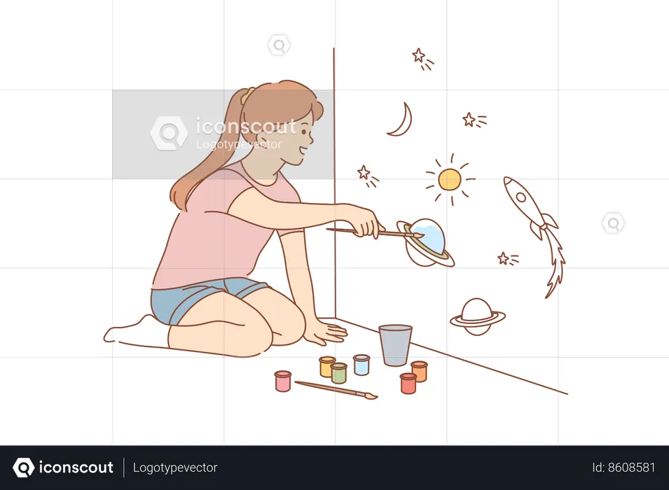 Girl is painting astronomical objects  Illustration
