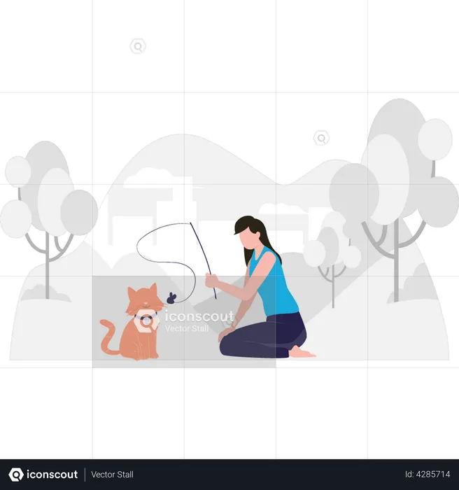 Girl is playing with her pet animal.  Illustration