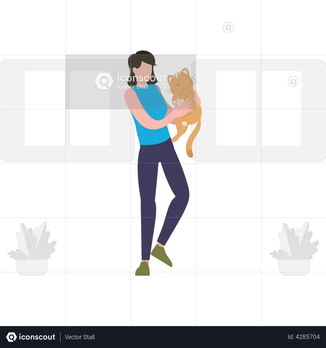 Girl is playing with her pet cat.  Illustration