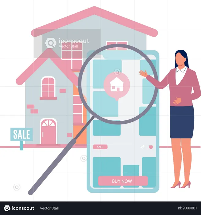 Girl is pointing at home online  Illustration