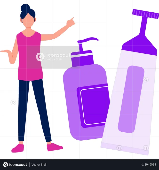 Girl is pointing at skincare bottle  Illustration