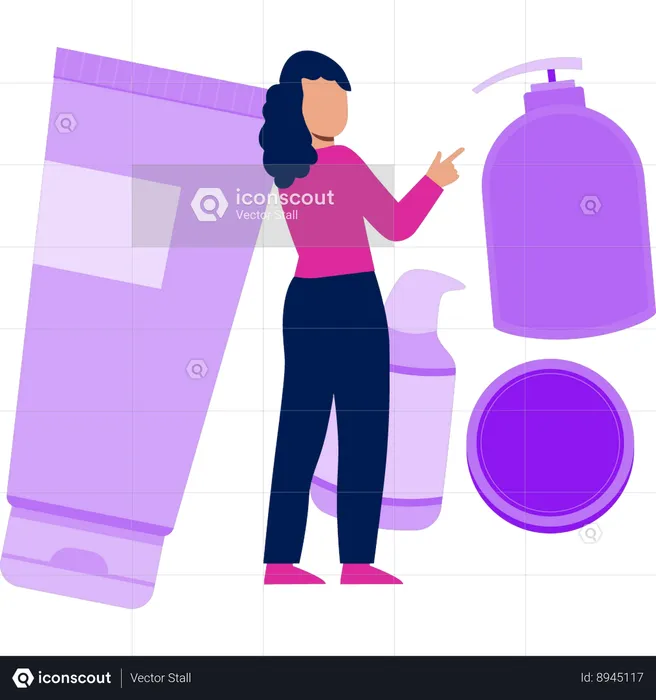 Girl is pointing at the cream products  Illustration