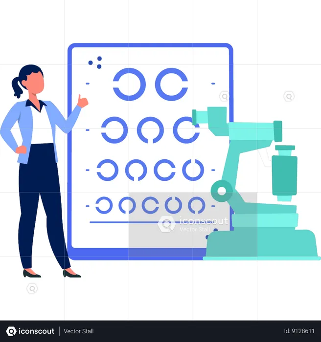 Girl is pointing at the eye testing machine  Illustration