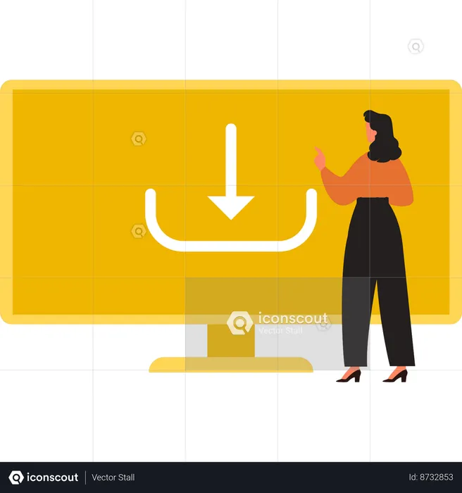 Girl is pointing at the files being downloaded on the screen  Illustration