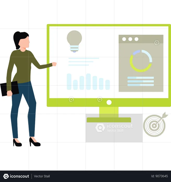 Girl is pointing at the graph on the monitor  Illustration