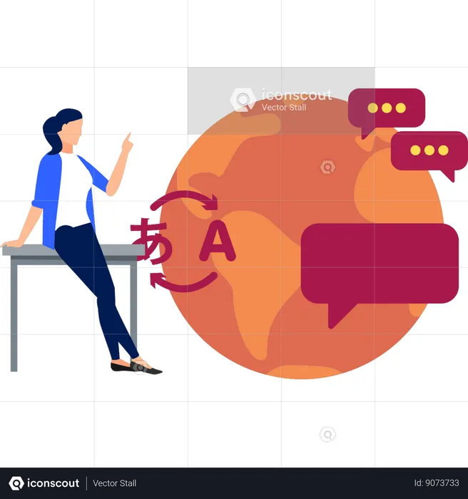 Girl is pointing at the language translator  Illustration