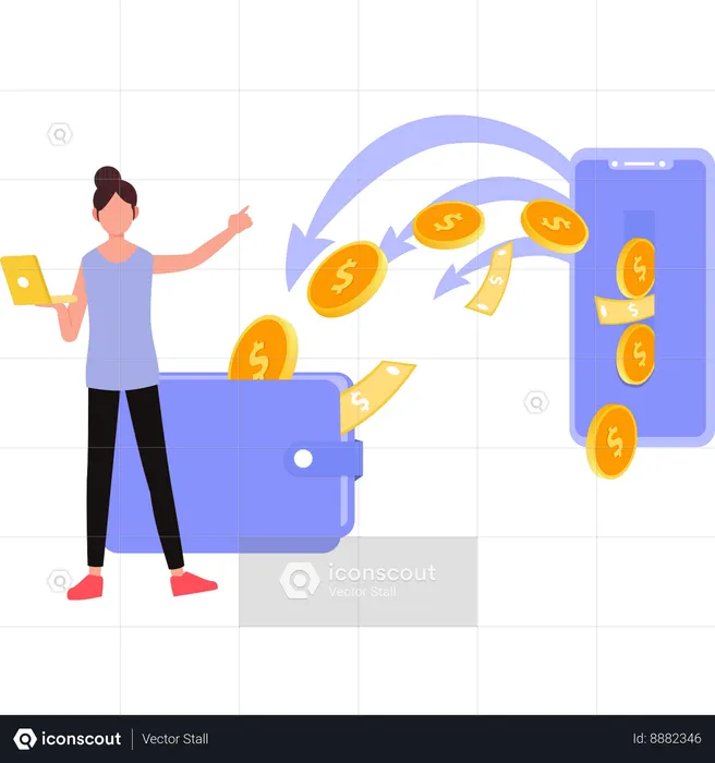 Girl is pointing at the money transferring  Illustration