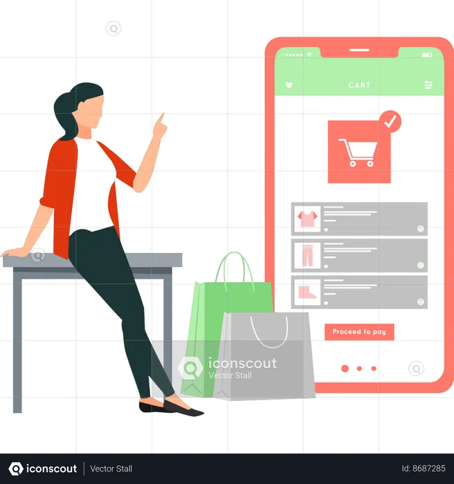 Girl is pointing at the online shopping on mobile  Illustration