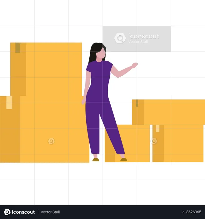 Girl is pointing at the parcel boxes  Illustration