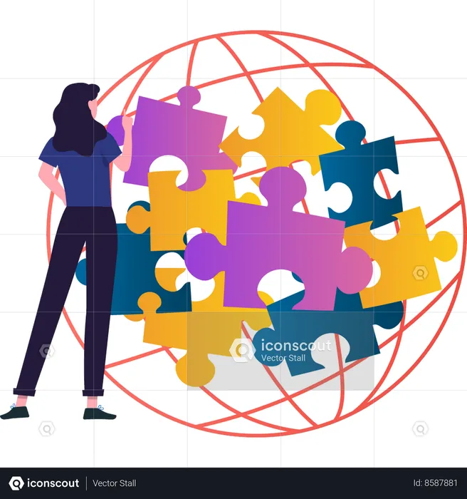 Girl is pointing at the pieces of the jigsaw puzzle  Illustration