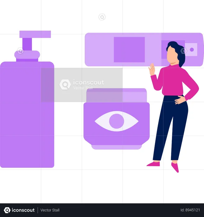 Girl is pointing at the skin care products  Illustration