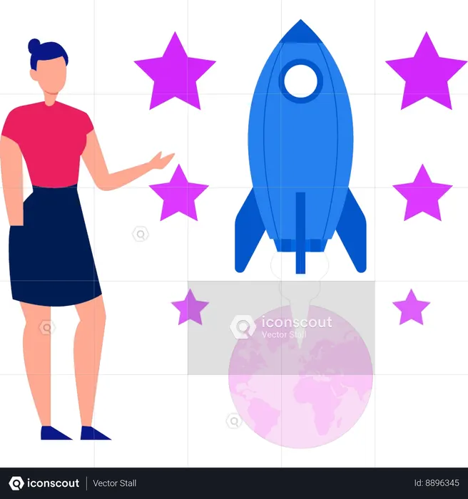 Girl is pointing at the startup rocket  Illustration