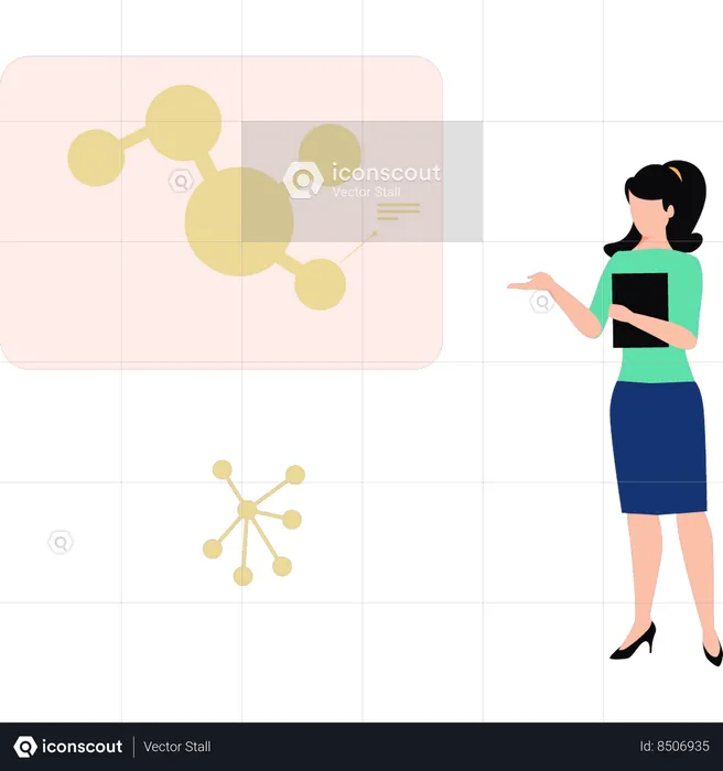 Girl is pointing at the structure of a particle  Illustration