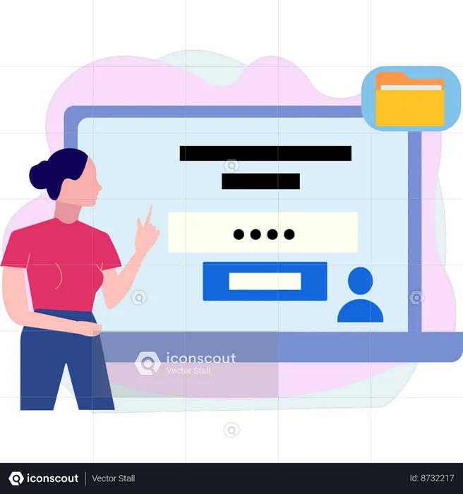 Girl is pointing to account details on laptop  Illustration