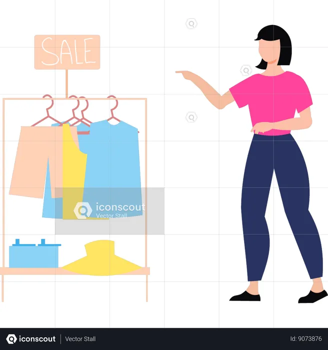 Girl is pointing to clothes on rack for sale  Illustration