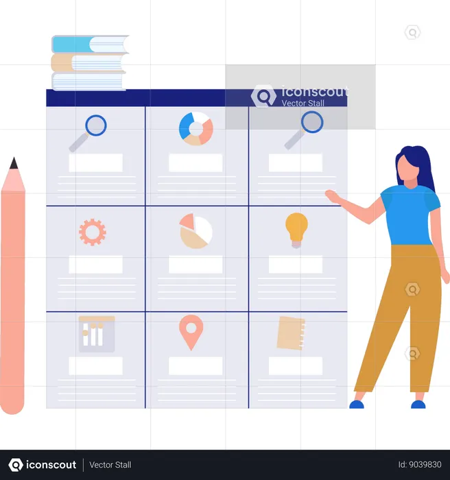 Girl is pointing to different aspects of the business  Illustration