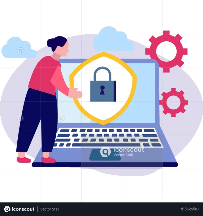 Girl is pointing to privacy settings on laptop  Illustration