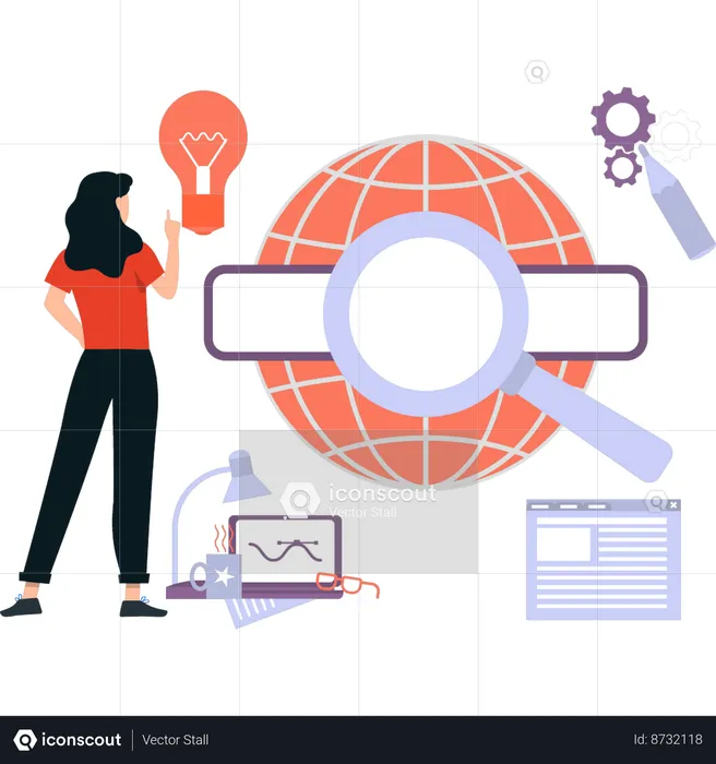 Girl is pointing to the global search  Illustration