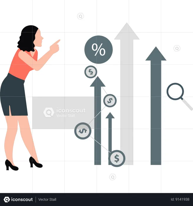 Girl is pointing to the raising graphs  Illustration