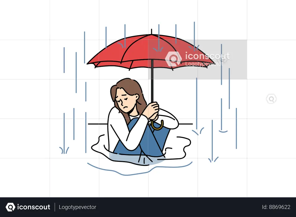 Girl is protecting herself from heavy rain  Illustration
