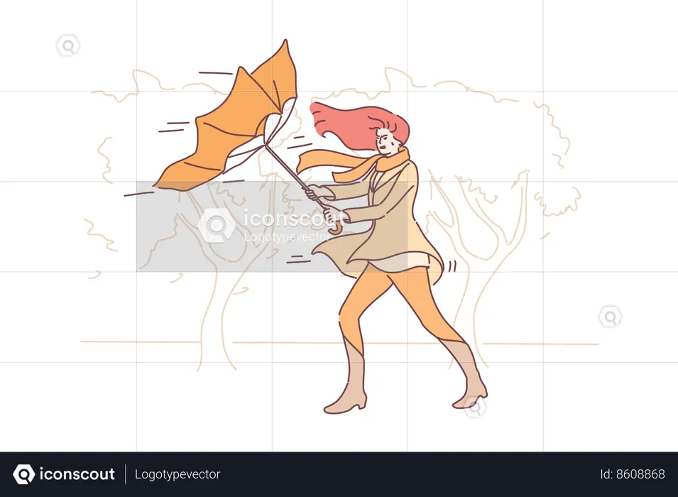 Girl is protecting herself from storm wind  Illustration