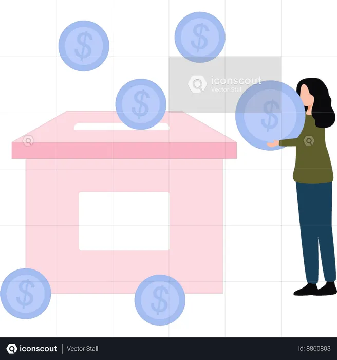 Girl is putting money in saving box  Illustration