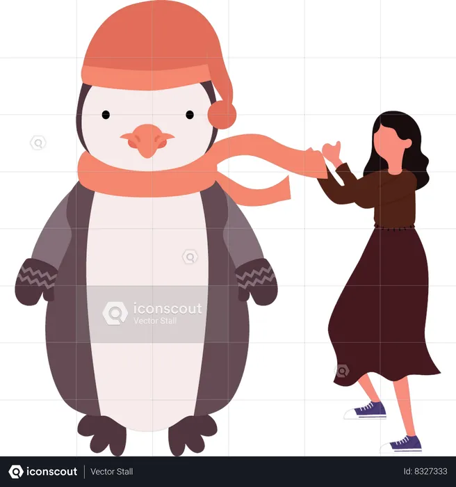 Girl is putting scarf around penguins neck  Illustration