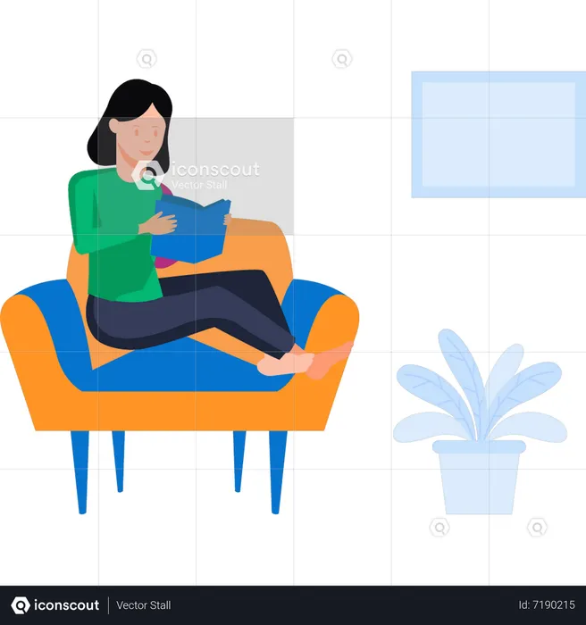 Girl is reading a book on sofa  Illustration