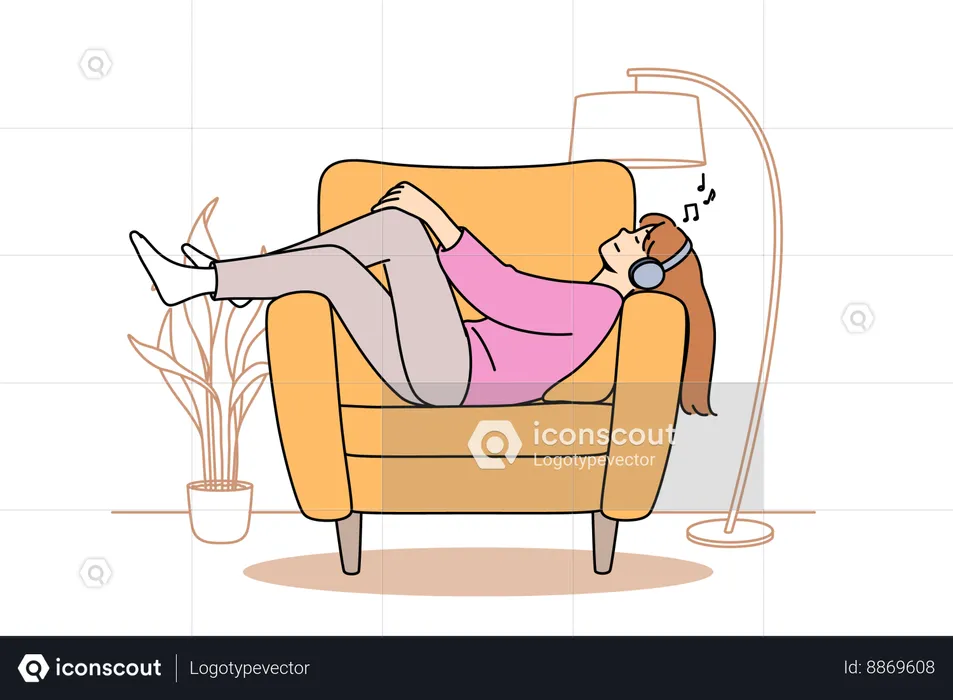 Girl is relaxing on sofa while listening to music  Illustration