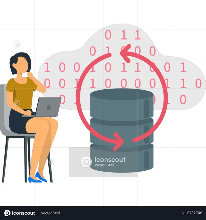 Girl is reloading binary coding on laptop  Illustration