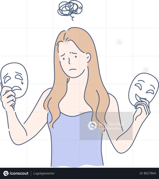 Girl is sad while holding emotions mask  Illustration