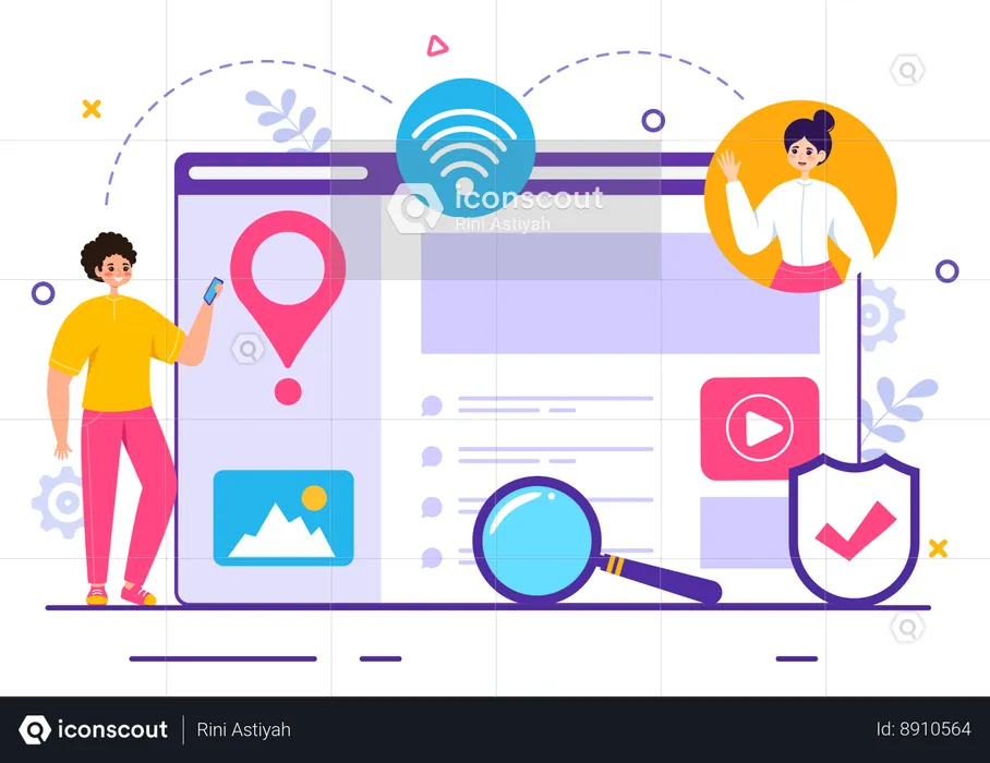 Girl is searching image on intranet network  Illustration