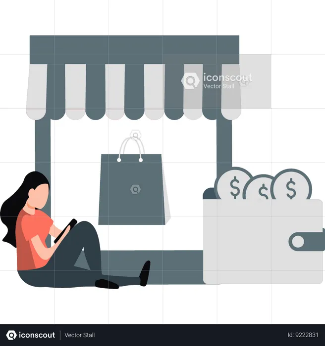 Girl is shopping online from mobile  Illustration