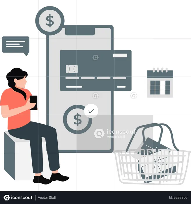 Girl is shopping online on mobile phone  Illustration