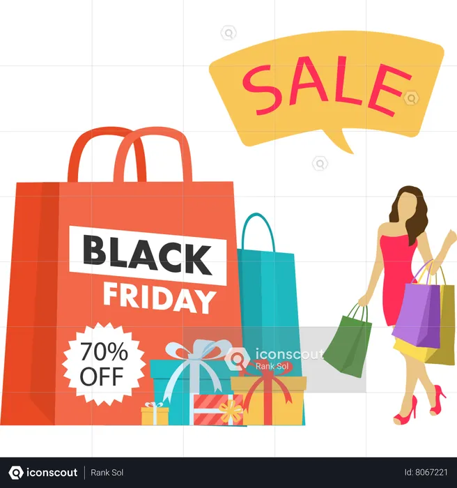 Girl is shopping with 70% discount  Illustration
