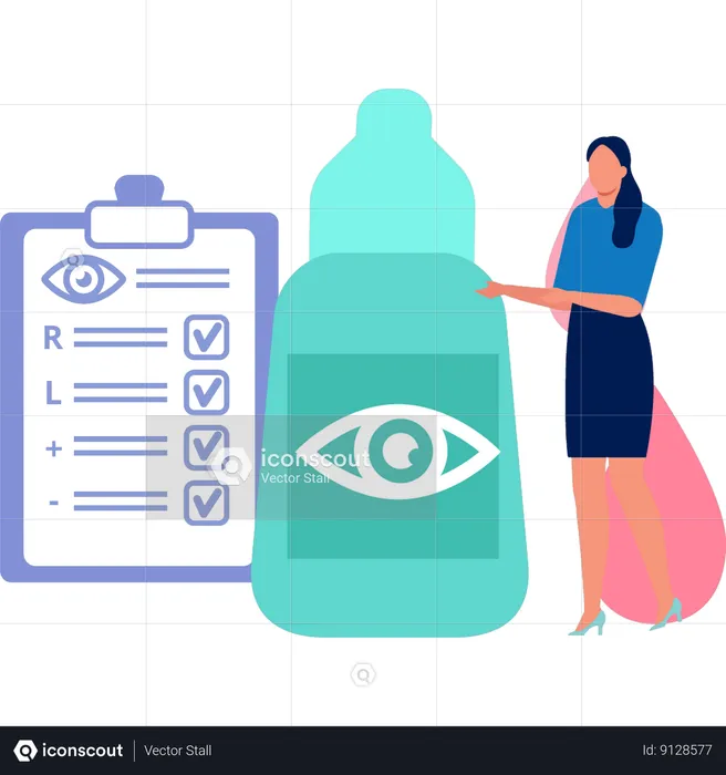 Girl is showing a bottle of medical eye drops  Illustration