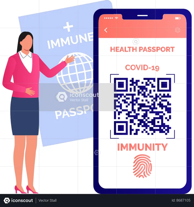 Girl is showing about health passport on QR code  Illustration