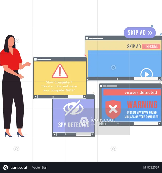 Girl is showing ad blocks on browser.  Illustration