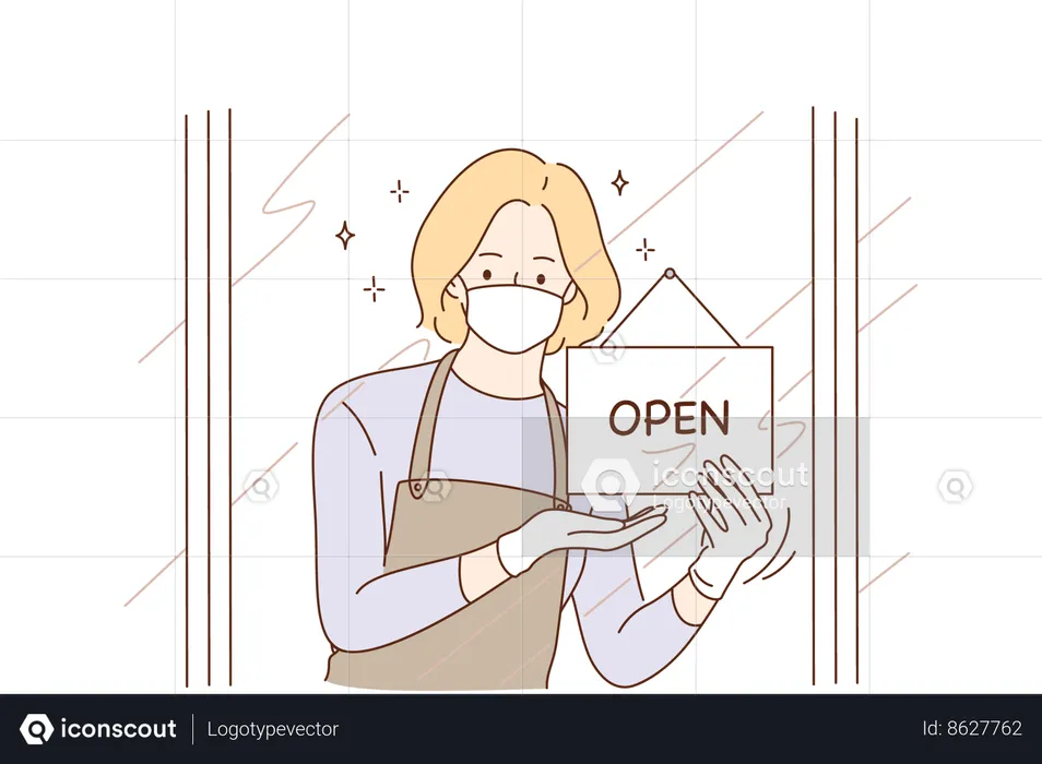 Girl is showing open signboard  Illustration