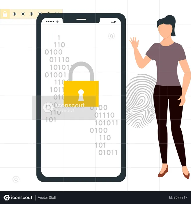 Girl is showing the binary code lock on mobile  Illustration