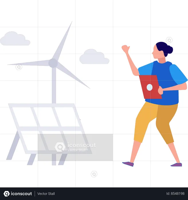 Girl is showing windmill near panel plate  Illustration