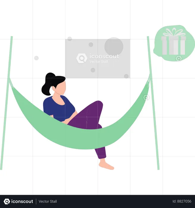 Girl is sitting on a hammock dreaming of a gift  Illustration