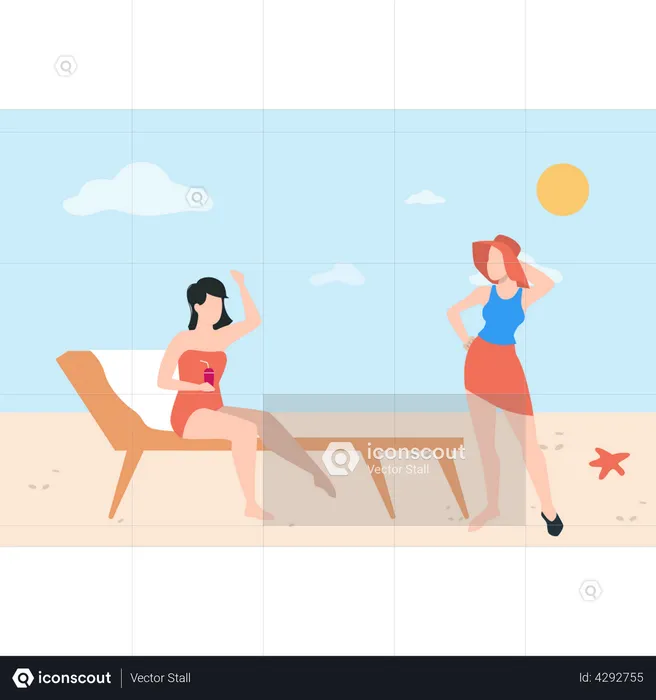 Girl is sitting on deck chair and enjoying on beach  Illustration