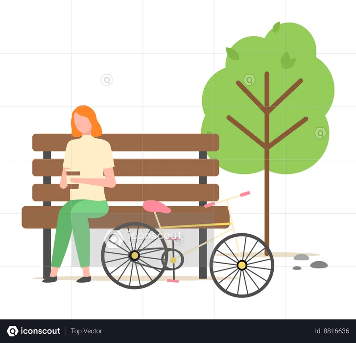 Girl is sitting on garden bench with her bicycle  Illustration