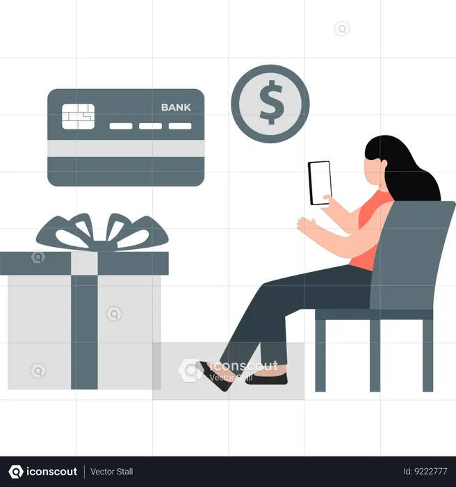 Girl is sitting on the chair with shopping card  Illustration