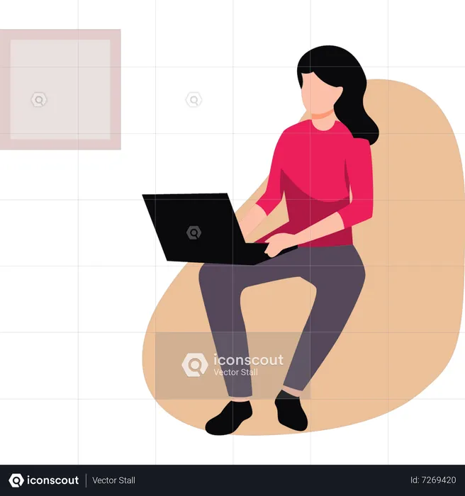 Girl is sitting on the couch using her laptop  Illustration