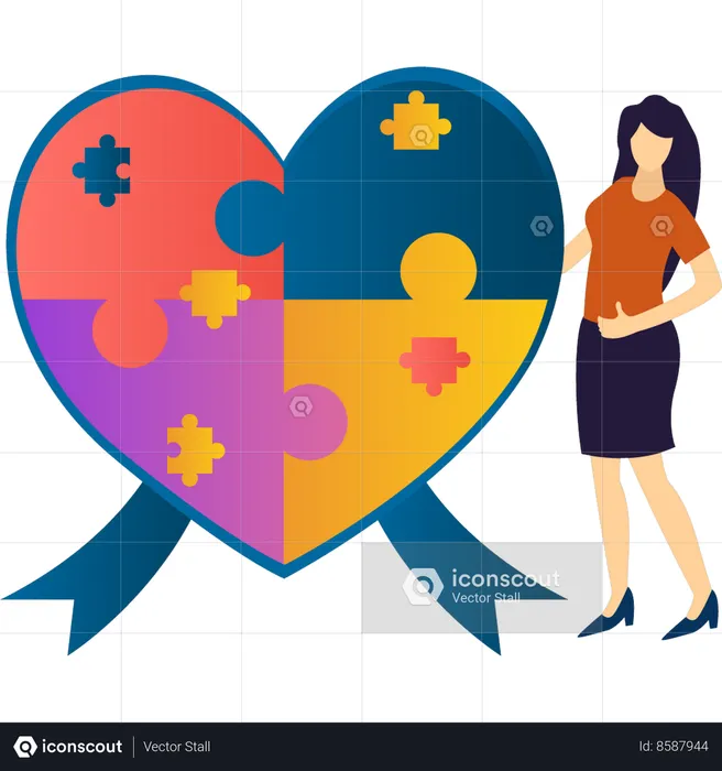Girl is solving heart shaped jigsaw puzzle  Illustration