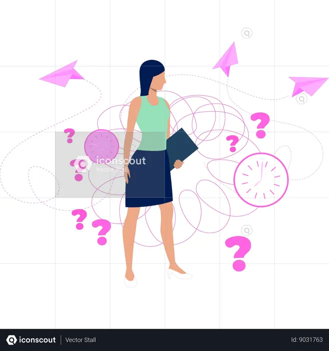 Woman standing and looking at academic question mark  Illustration