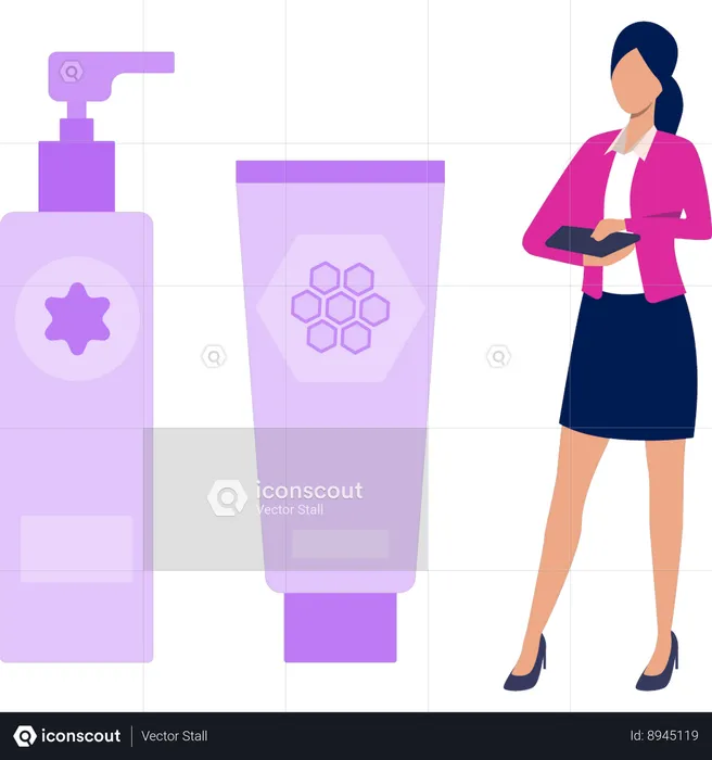 Girl is standing by lotion bottle  Illustration