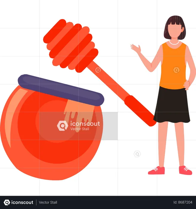 Girl is standing by the honey pot  Illustration